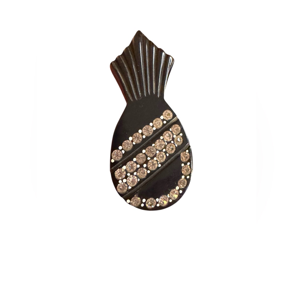 Victorian Deco 1920s Black Early Plastic Bakelite Rhinestone Pineapple Fur Clip